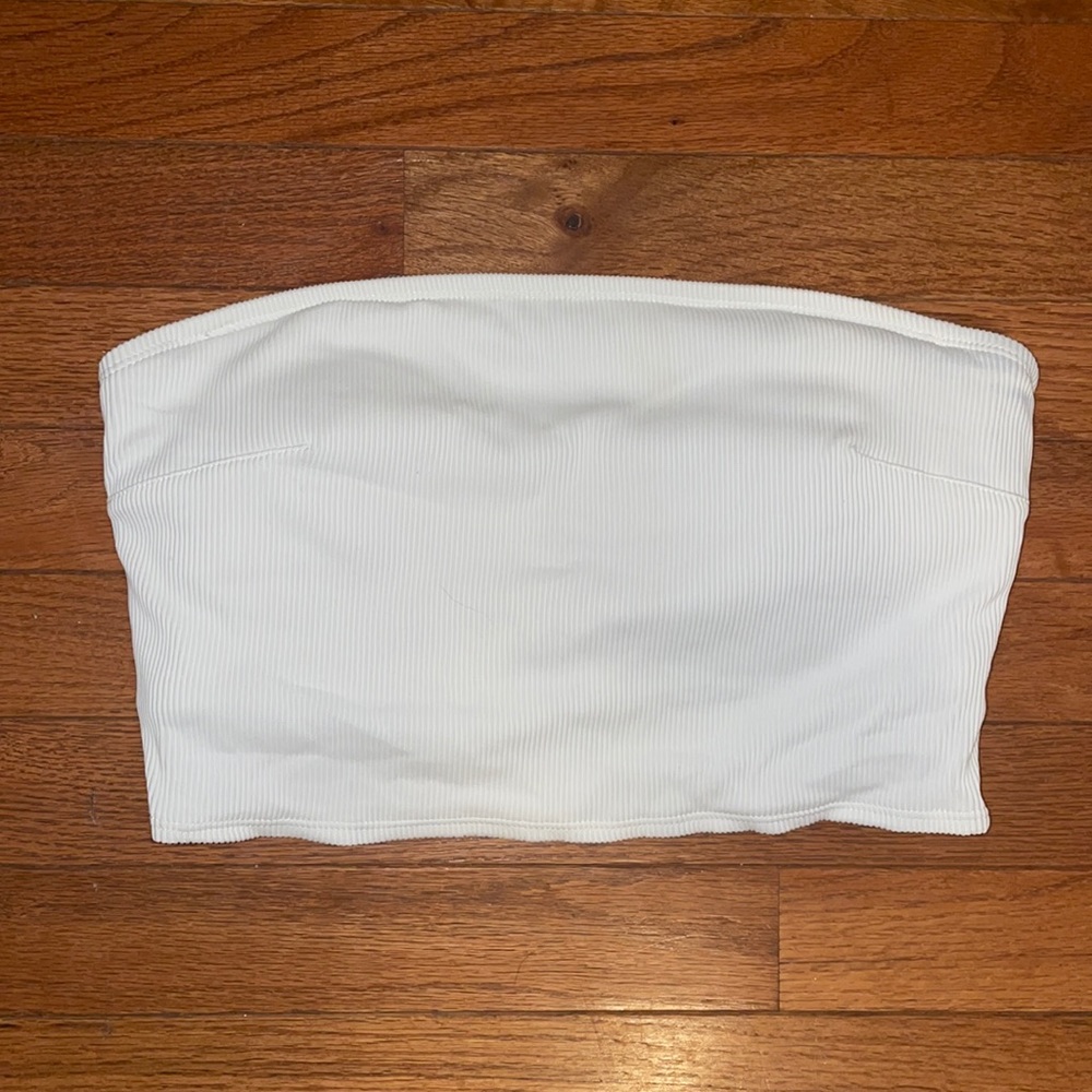 Aerie strapless longline bikini top, ribbed white. Size:large